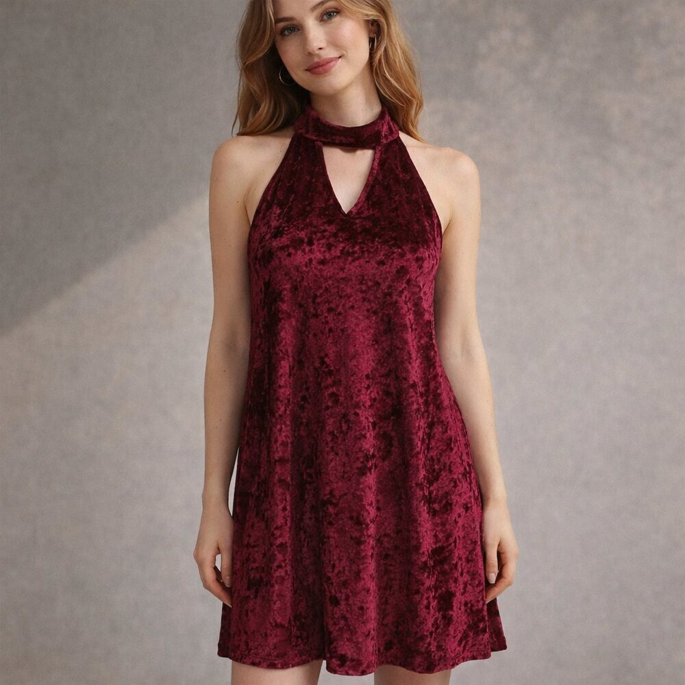 Altar'd State Velvet Dress Size Medium Red Mini V-Neck Choker Holidays Party
